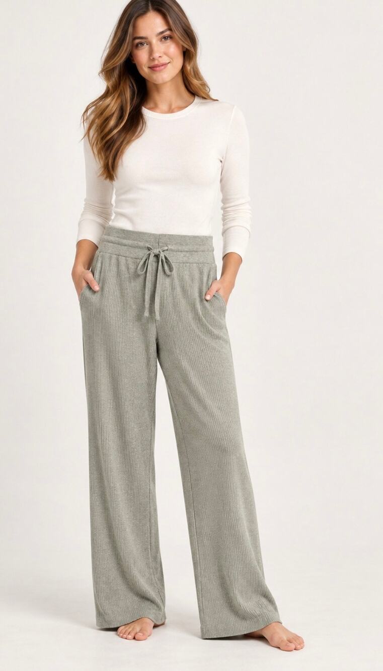 UNIQLO Women’s L Ribbed Knit Wide Leg Pants Gray Drawstring Lounge